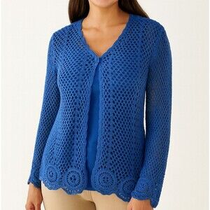 Bright Blue One Button Open Weave Loose Knit L/S Cardigan L Mid Length Cottageco